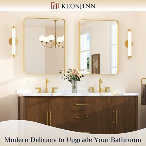 Keonjinn 24 x 32 Inch Brushed Gold Bathroom Vanity Mirror, Tempered Glass - Image 2