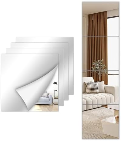 Stick on Small Mirror for Wall Decor, 4 Pack 11.7”x11.7” Acrylic Mirror Tiles by SAFEE+MRROR