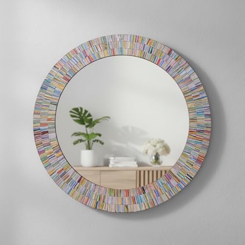 24" Round Rainbow Mosaic Wall Mirror, Bohemian Decorative Accent Mirror by DecorShore