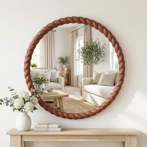 24"x24" Round Solid Wood Farmhouse Decorative Wall Mirror by Unknown