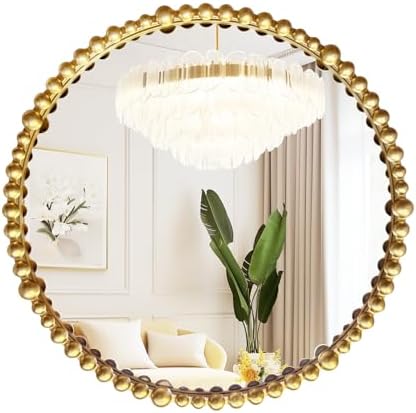 Gold Round Mirror with Beaded Frame ，Circle Antique Bathroom Vanity Mirror by ietat