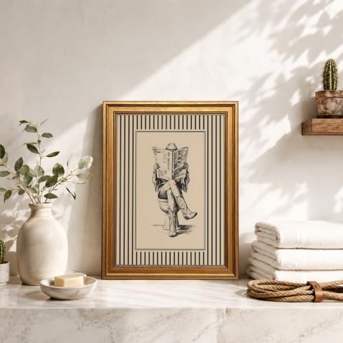 Vintage Gold Framed Western Bathroom Wall Art, Funny Cowgirl Reading Newspaper - Image 6