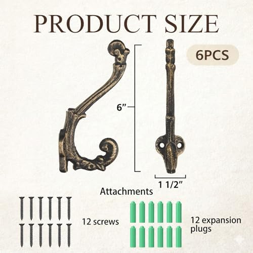 Chumia 6 Pack Rustic Wall Hooks Heavy Duty Cast Iron Brass Coat Hooks - Image 4