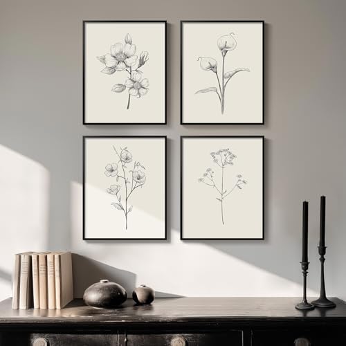 Framed Black and White Floral Wall Art, 4 Piece Vintage Gray Botanical Canvas by Cuspin