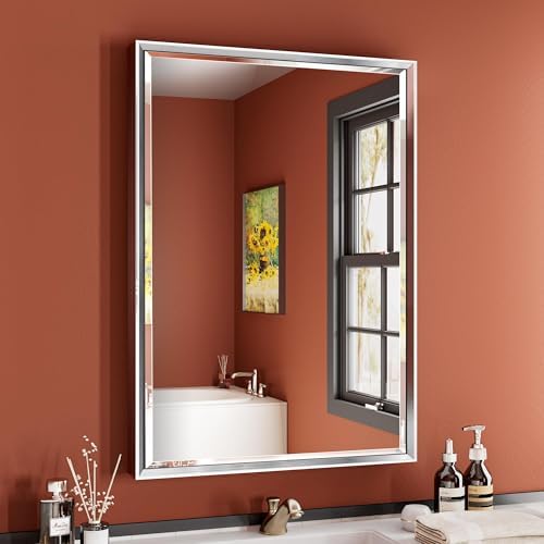 Silver Bathroom Mirror, 22x30 Inch Beveled Silver Vanity Mirror by QUEENFUN