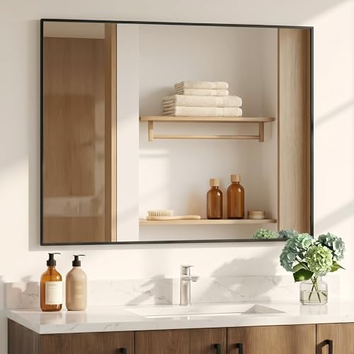 48"x36" Matte Black Large Framed Bathroom Vanity Wall Mirror by Pocetry