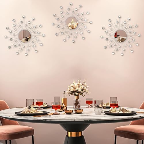 Uaussi 3 Pack Crystal Sunburst Wall Mirror Décor Rhinestone Mirrors Decorative - Image 5