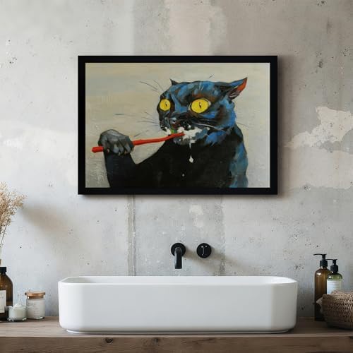 ICHZUMW Framed Funny Black Cat Bathroom Decor Canvas Wall Art, 16x24 Inches - Image 6