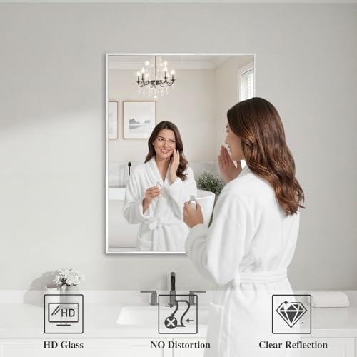 Koonmi White Rectangle Wall Mirror, 20x30 Inch Bathroom Mirror, Aluminum Frame - Image 3