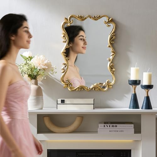 Brushed Gold Bahtroom Mirror, Rectangle Luxury Vintage Wall Mirror, Scalloped - Image 2