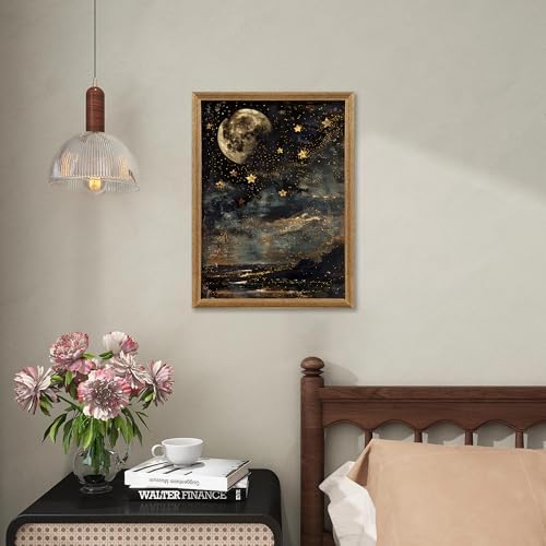 ICHZUMW Framed Moon and Stars Celestial Vintage Canvas Wall Art 12x16 In - Image 3