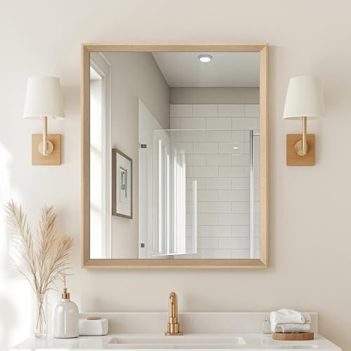 Oak Wood Effect Framed Wall Mirror, 30x36 Rectangle Mirror by Ultrue
