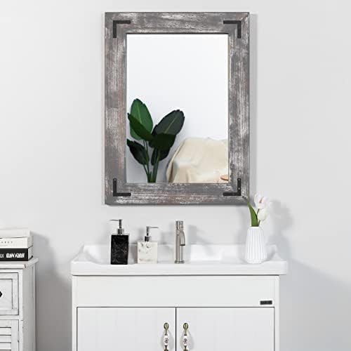 YOSHOOT Rustic Wooden Framed Wall Mirror, Natural Wood Bathroom Vanity Mirror - Image 4