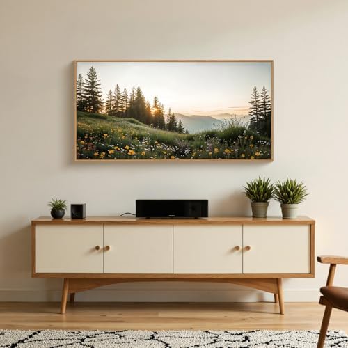 FWIEXA Green Forest Mountain Framed Canvas Wall Art Set, Wildflower Meadow Wall - Image 4