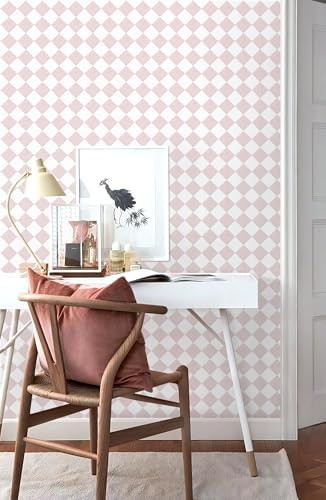 Safiyya 196"x 17.3" Pink and White Checkered Wallpaper Geometric Funky Peel and - Image 4