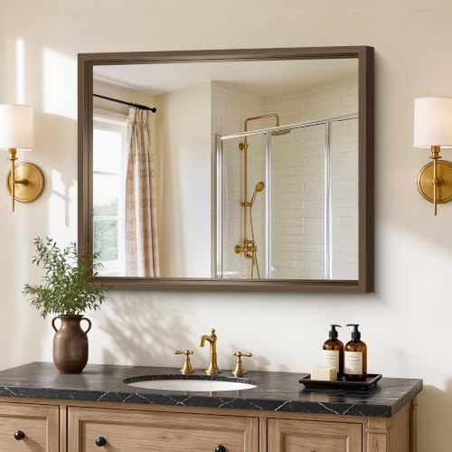 Bathroom Mirror, 30 x 36 inch Walnut Wood Grain Colored Aluminum Metal Frame by WelcometoCIVENO