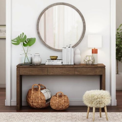 35" Round Wood Mirror, Large Wooden Wall Mirror - Image 3