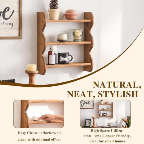 100% Solid Wood Wall Shelf 3-Tier, Rustic Floating Shelves Wall Mounted Storage - Image 3