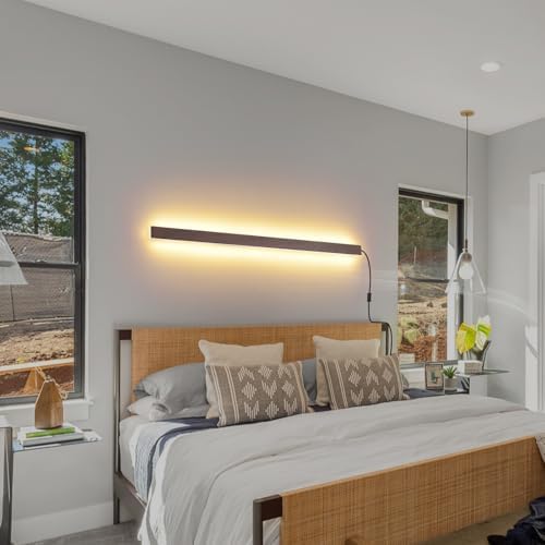 KELUOLY Farmhouse Plug in Long Wall Sconce, 39.3" Faux Walnut Finish LED Wall - Image 2