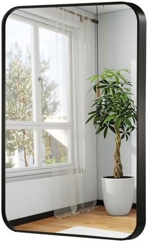 20x28 Inch Black Wall Mirror for Bathroom, Brushed Metal Framed Mirror by JENBELY