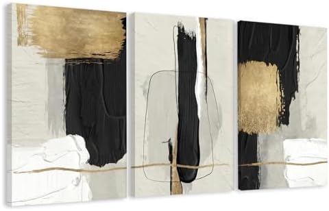 DUWQU Abstract Brushstrokes Canvas Wall Art Black White Gold 16x24 inch x3 by DUWQUCanvasWallArt
