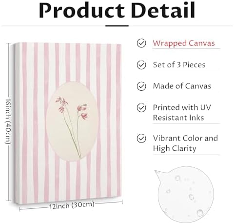 Pink Flower Wall Art Striped Floral Prints Botanical Canvas Wall Decor - Image 2