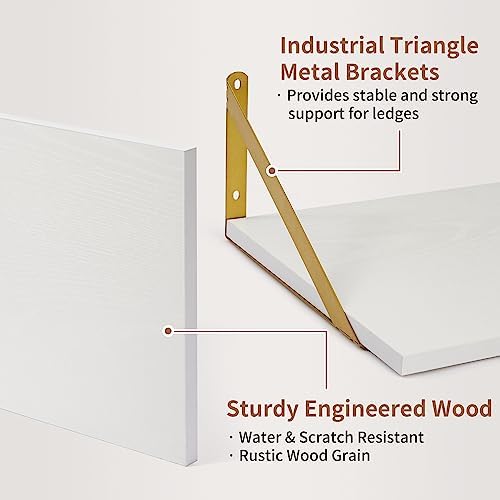 Axeman Deep Floating Shelves for Wall, 12 Inch Deep White and Gold Shelves Set - Image 4