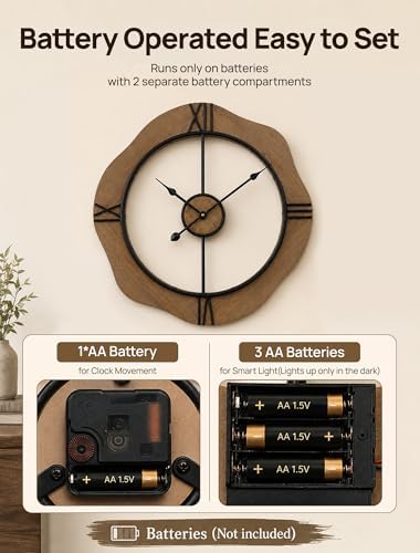MASHI 24“ Wall Clock with Night Light, Non-Ticking Silent Battery Operated - Image 5