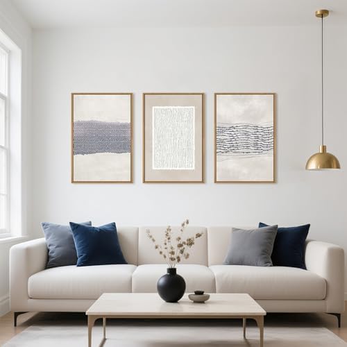 HOURIA Blue White Abstract Neutral Framed Canvas Wall Art Set- 16"x24"x3 - Image 2