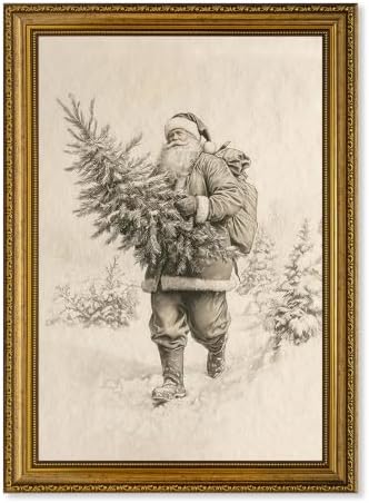 AVECCO Santa Claus Carrying Christmas Tree Framed Canvas Wall Art 16x24 In by Unknown