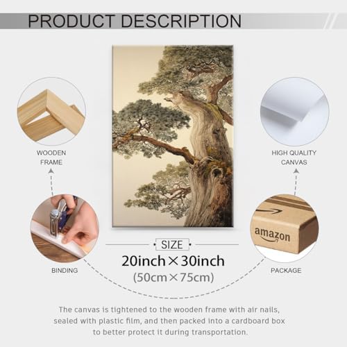 Vintage Japanese Pine Tree Framed Wall Art Oriental Asian Tree Canvas Posters - Image 2