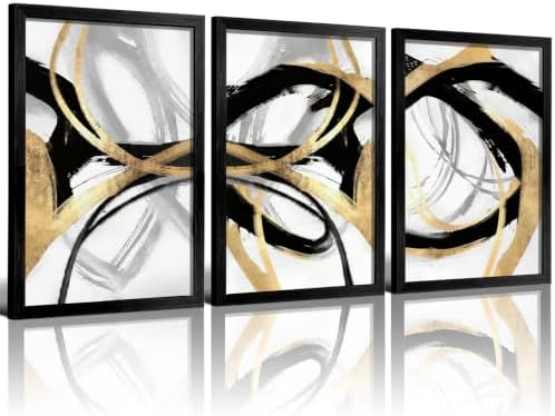 LYYGLYY 3Pcs Black Framed Black Gold and White Canvas Wall Art 12x16 Inches by Unknown