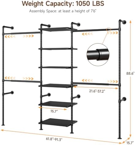 T1 Wall Mounted Closet System, Industrial Pipe Clothing Rack - Image 2