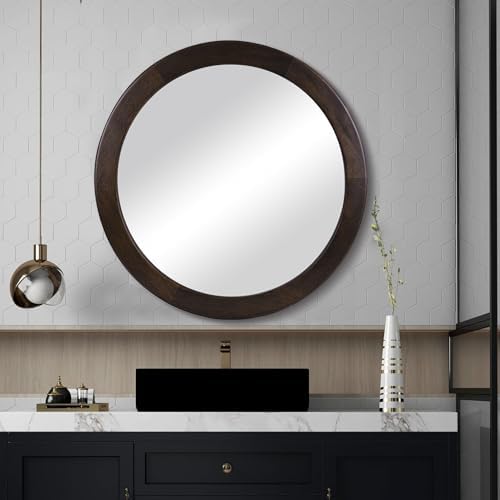 CULER Round Mirrors 24 Inch, Wood Vanity Wall Rustic Mirror - Image 3