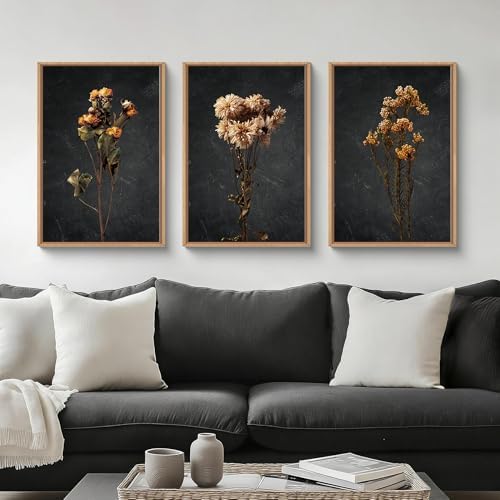 HOURIA Dark Moody Dried Floral Framed Canvas Wall Art Set- 16"x24"x3 - Image 4