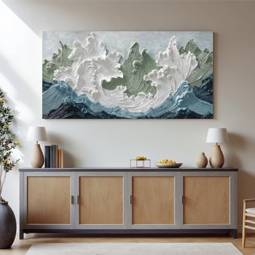 YISXINOAG White Green Ocean Wall Art Minimalist Coastal Painting 24"X48" - Image 4
