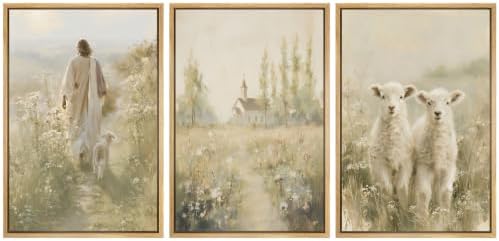 MUDECOR Framed Canvas Print Wall Art Set Jesus and Lambs by MUDECOR