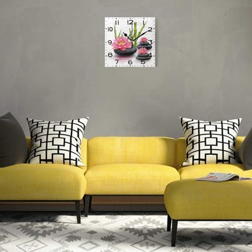 Moderate 8 Inch Square Wall Clock, Zen Bamboo Stones Pink Lotus Flower Non - Image 2