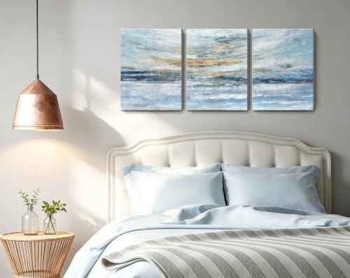 Nicetop Abstract Canvas Wall Art 3 Piece 12x16 Blue Yellow Ocean Set - Image 3