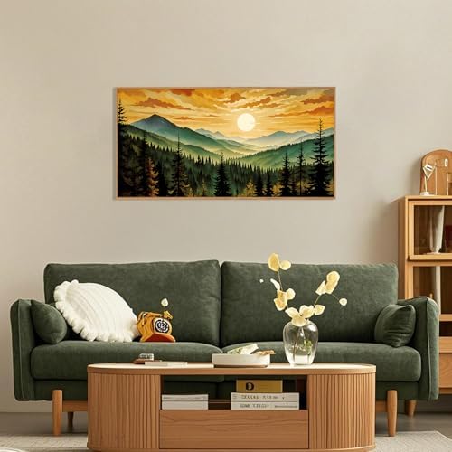 LHIUEM Large Boho Sunset Mountain Framed Canvas Wall Art, Retro Pine Tree Wall - Image 2