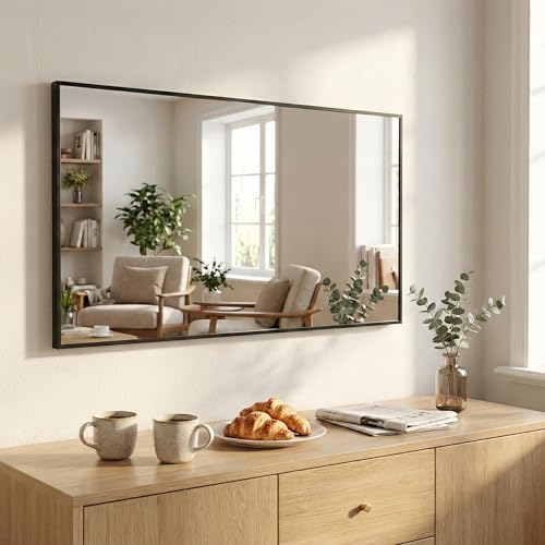 48"x30" Matte Black Large Framed Bathroom Vanity Wall Mirror - Image 3