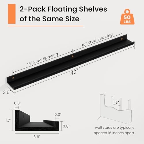 RICHFOCUS Picture Ledge Shelf, 40 inch Floating Shelves Set of 2, Wood Wall - Image 3