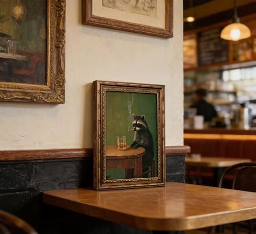 Vintage Gold Framed Smoking Raccoon Wall Art, Moody Dark Funny Animal Whiskey - Image 7