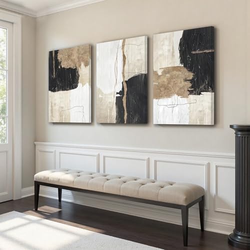 AVECCO Triptych Abstract Black Beige Gold Wrapped Canvas Wall Art 20x30 in - Image 4