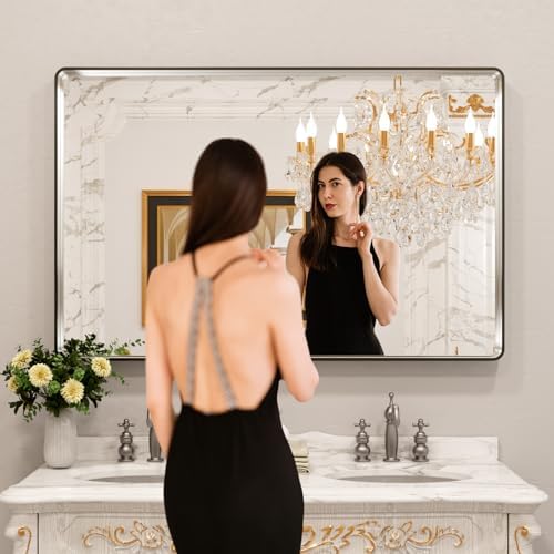 LOAAO 50X30 Inch Brushed Nickel Bathroom Mirror, Rounded Rectangle Silver Metal - Image 2