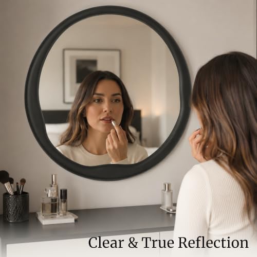 Matte Black 24 Inch Round Wood Wall Mirror, Asymmetrical Inner Edge - Image 3