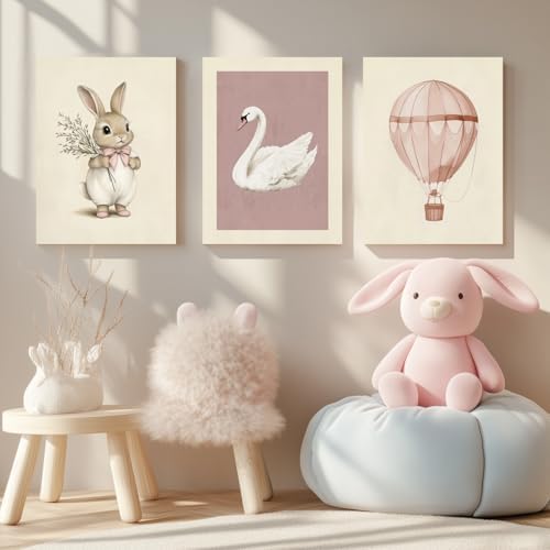 Hianan Wrapped Canvas Pink Cute Bunny Nursery Wall Art Set of 3, 16x24 in - Image 2
