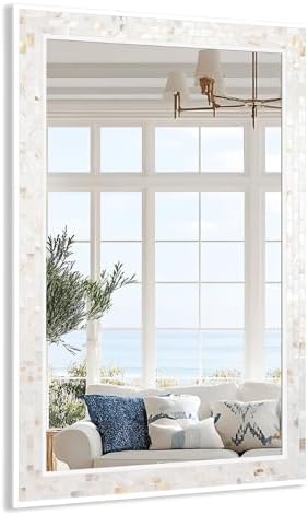 White Framed Mosaic Shell Bathroom Mirror 24x47 Inch by Tanmicoshomy