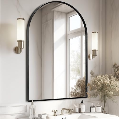 Black Arched Mirror 30x48in, Metal Framed Bathroom Vanity Wall by Minuover