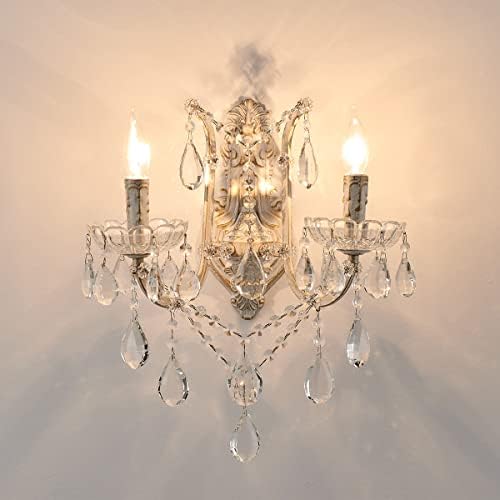 YLONG-ZS French Country Crystal Wall Sconce, 2-Light Distressed White Gold - Image 2